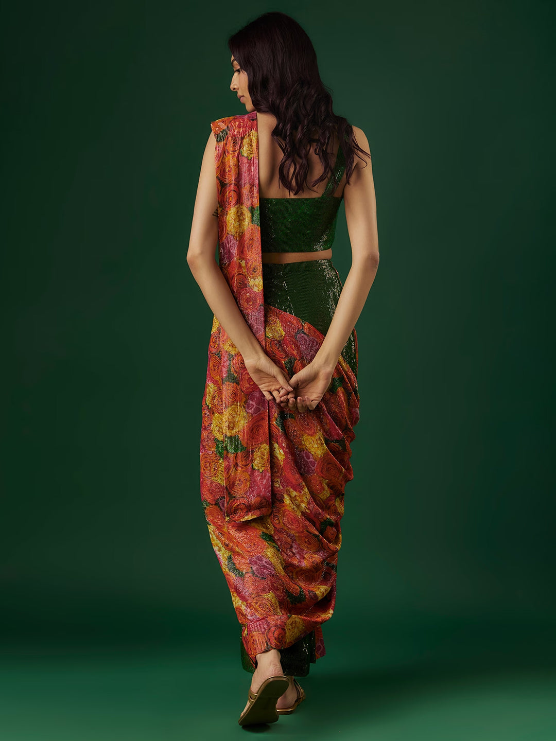 Multi-Colored Shimmer Georgette Handpainted Pre-Draped Saree Set