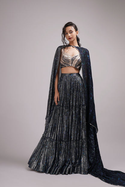 Hand painted navy blue Shimmer Lehenga