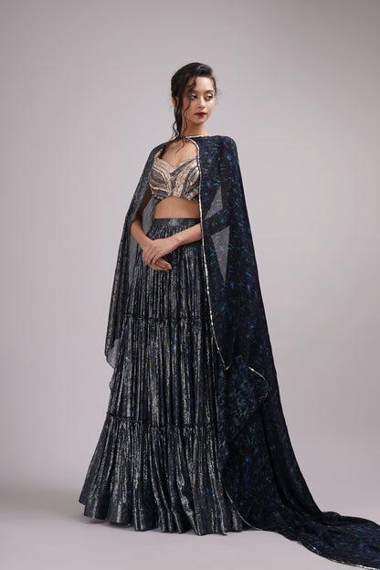 Hand painted navy blue Shimmer Lehenga