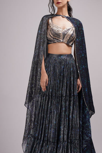 Hand painted navy blue Shimmer Lehenga