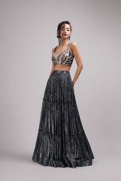 Hand painted navy blue Shimmer Lehenga