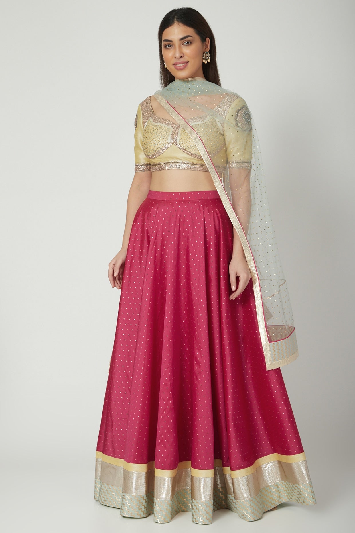 Lime Green & Fuchsia Embroidered Lehenga Set