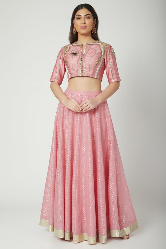 Blush Pink Embroidered Crop Top With Skirt