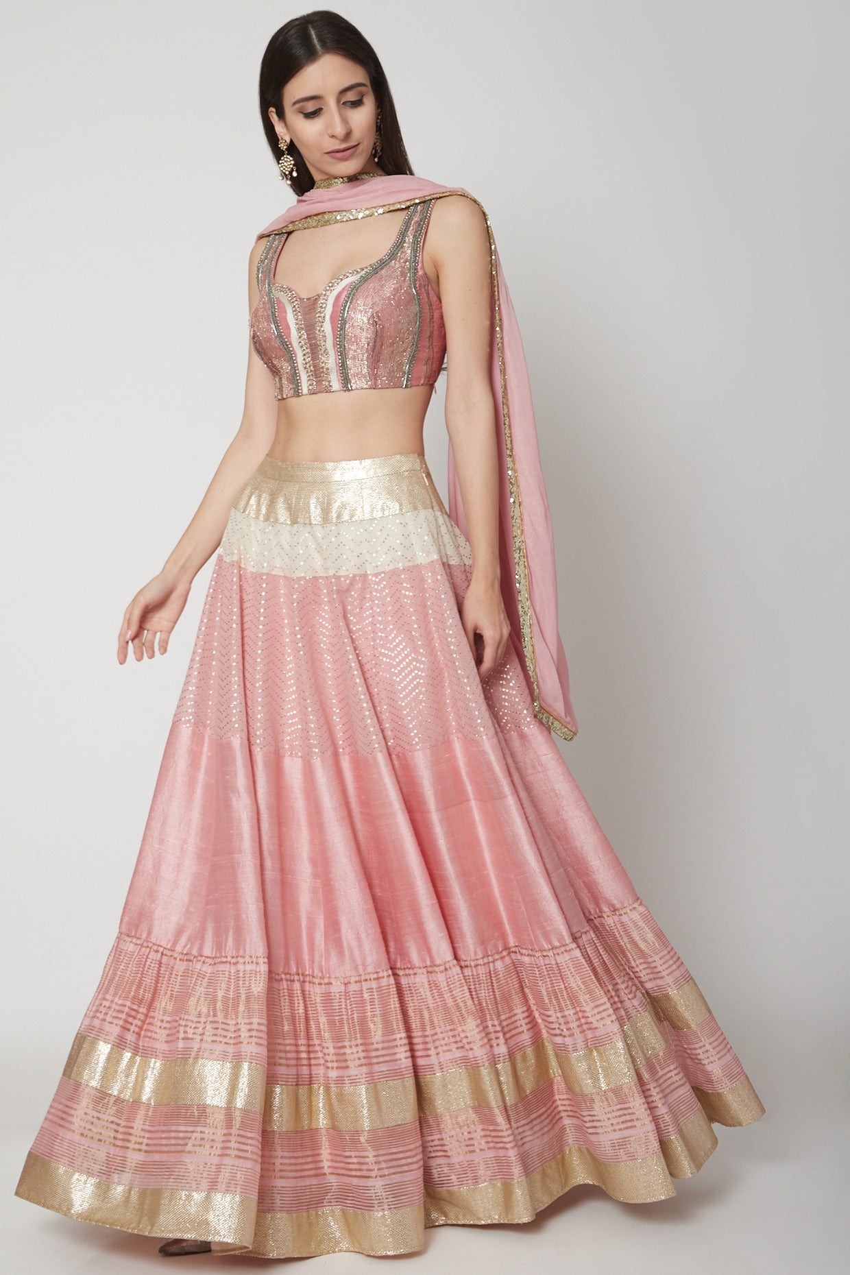 Rose Quartz Pink Tiered Lehenga Set