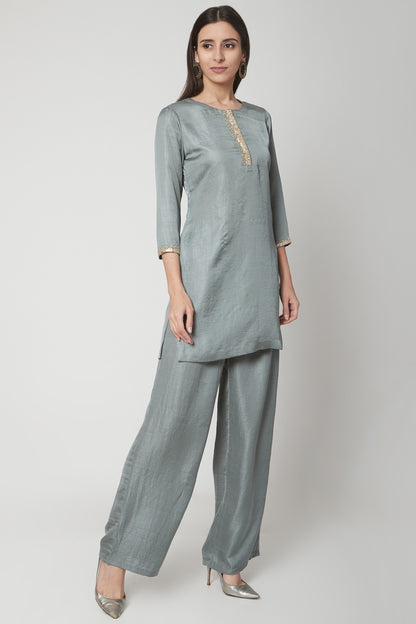 Charcoal Grey Embroidered Kurta & Pants