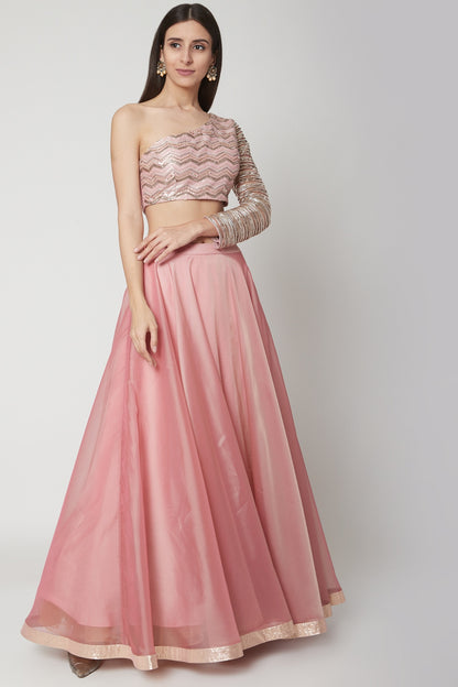 Rose Pink Embroidered Blouse With Lehenga
