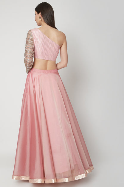 Rose Pink Embroidered Blouse With Lehenga