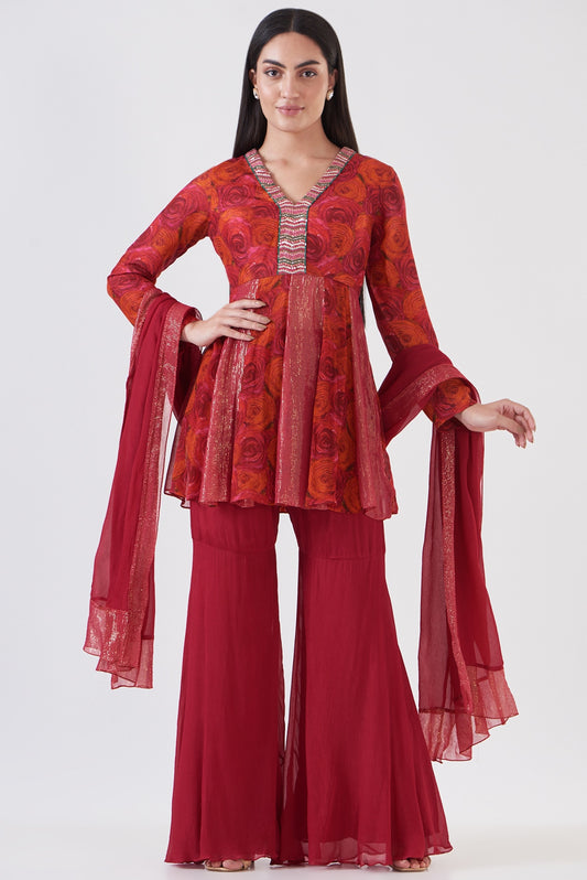 Fuchsia Red Upada Silk & Chinon Sharara Set