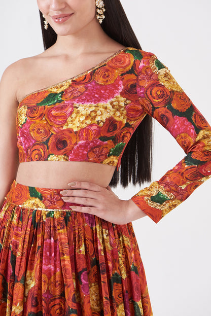 Multi-Colored Upada Silk Floral Printed Skirt Set