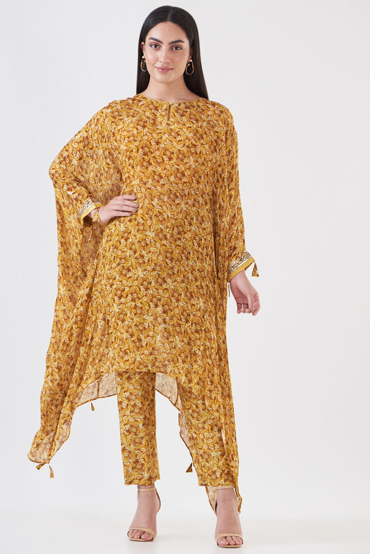 Mustard Shimmer Georgette Hand Painted Kaftan Set