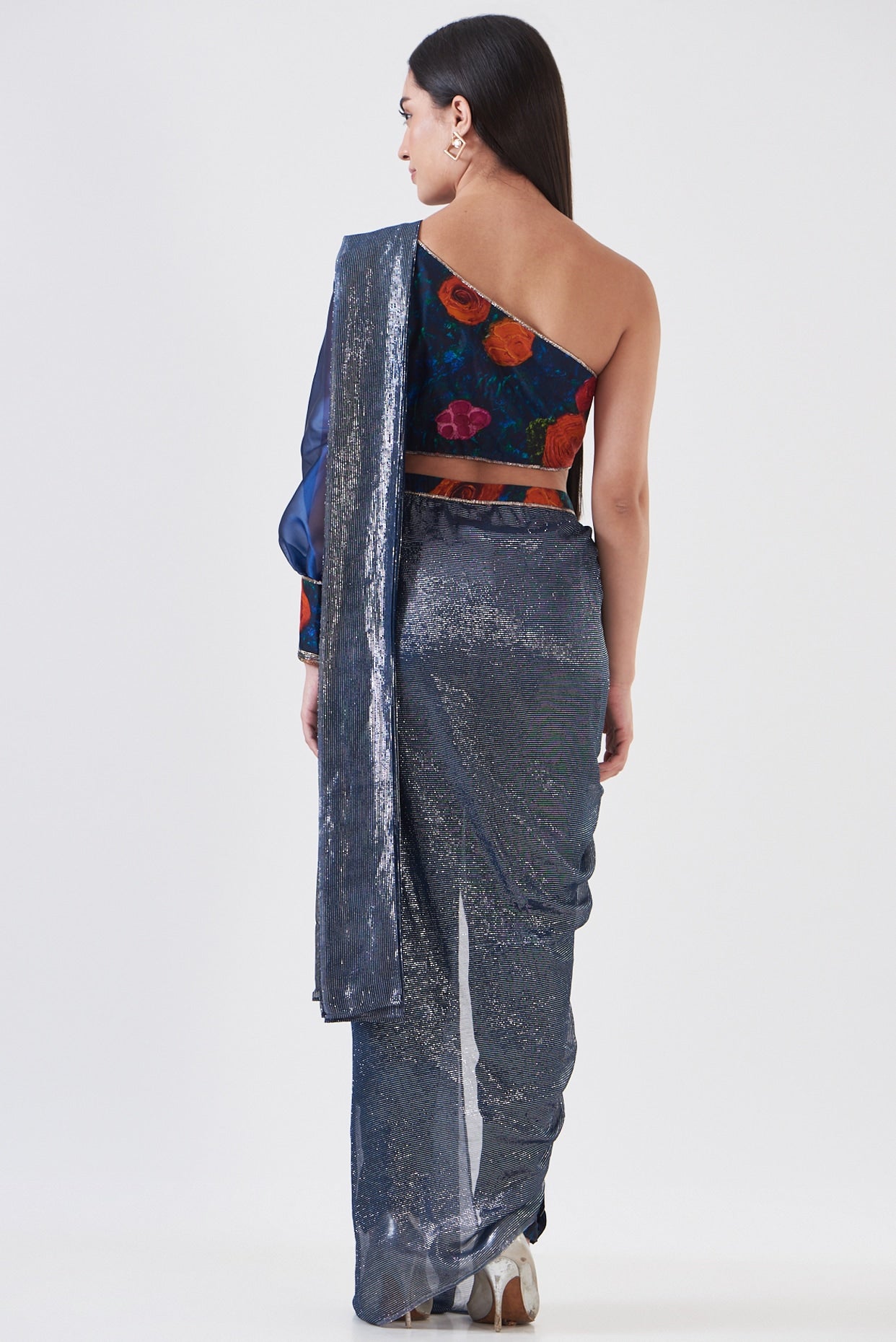 Navy Blue Upada Silk & Shimmer Georgette Pant Saree Set