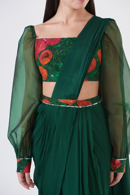 Green Upada Silk & Chinon Pant Saree Set