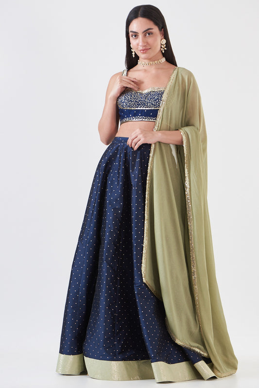 Navy Blue Brocade Silk Lehenga Set