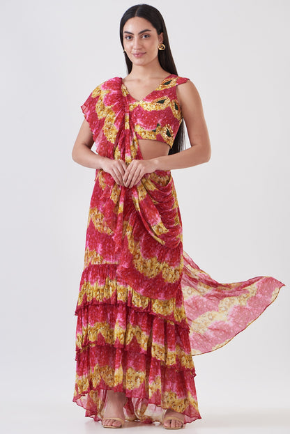 Pink Chinon Floral Hand Painted Ruffled Skirt Saree Set