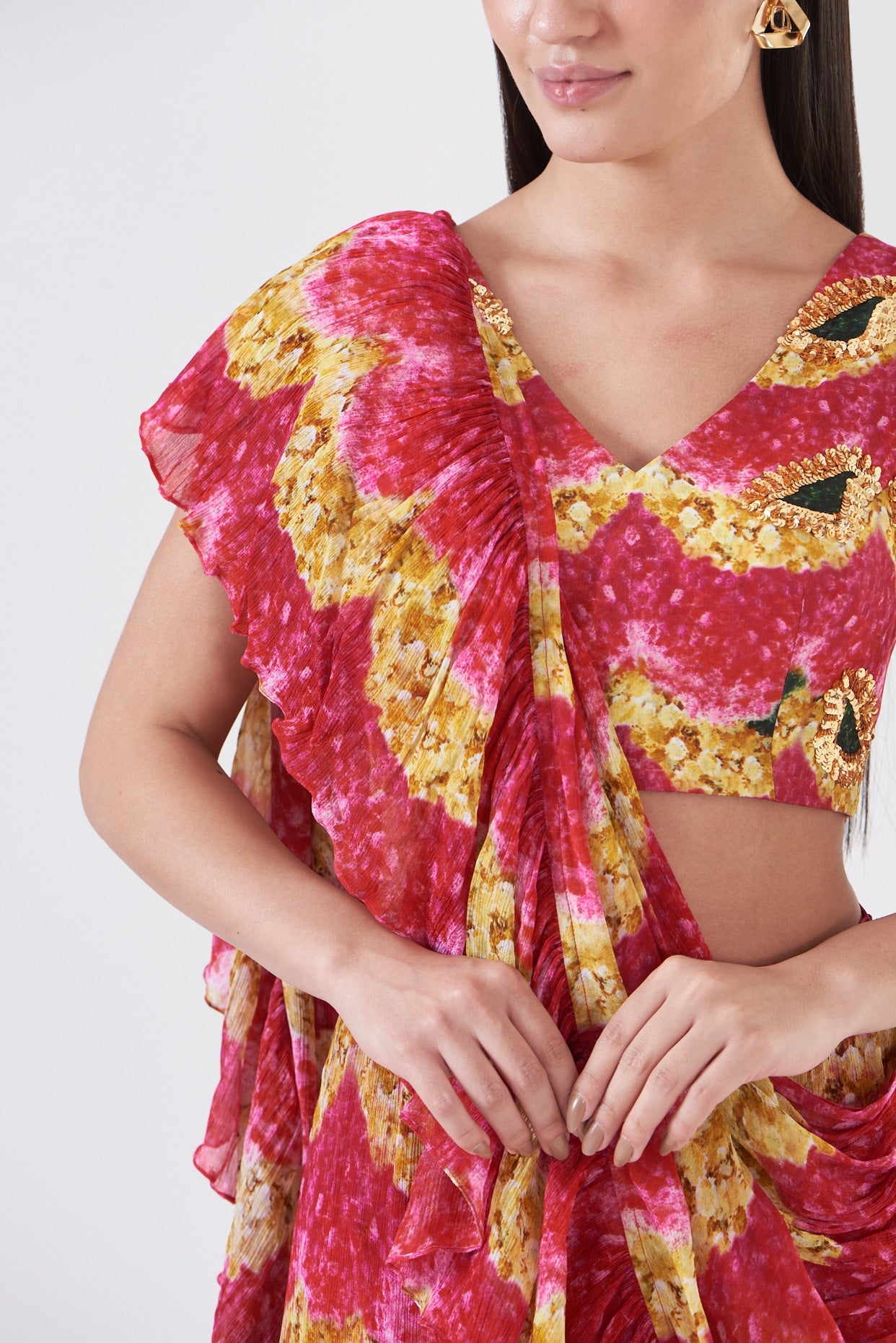 Pink Chinon Floral Hand Painted Ruffled Skirt Saree Set
