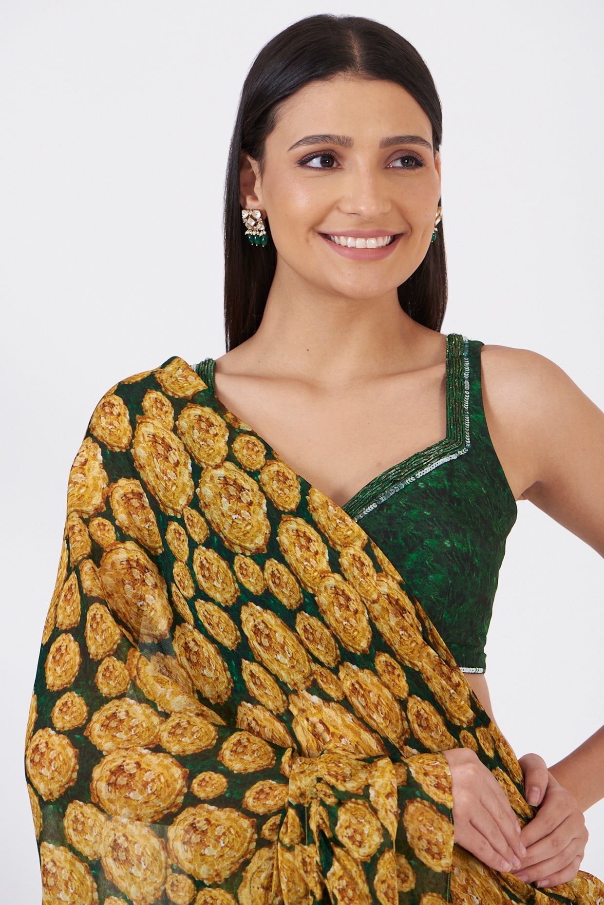 Yellow Chinon Floral Hand Painted Ruffled Skirt Saree Set