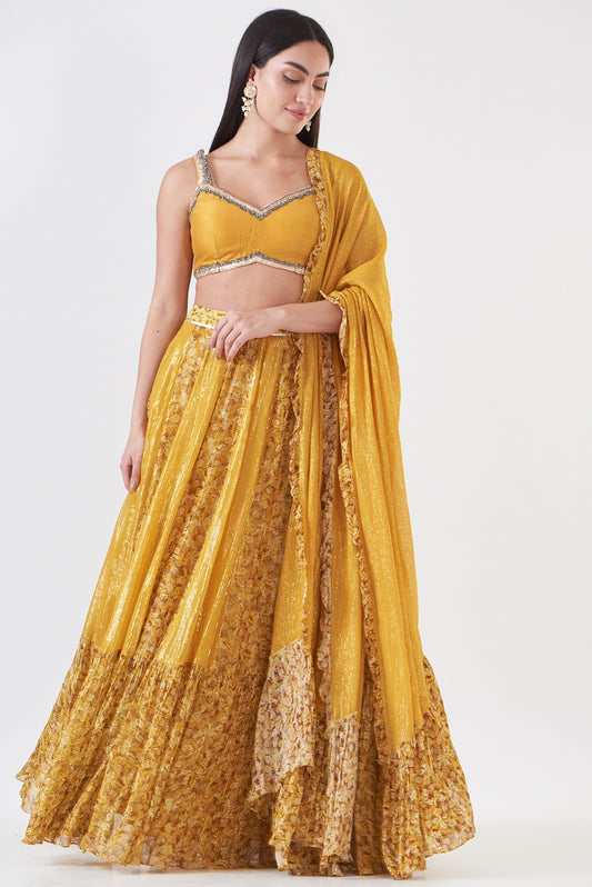 Mustard Shimmer Georgette Embroidered & Hand Painted Paneled Lehenga Set