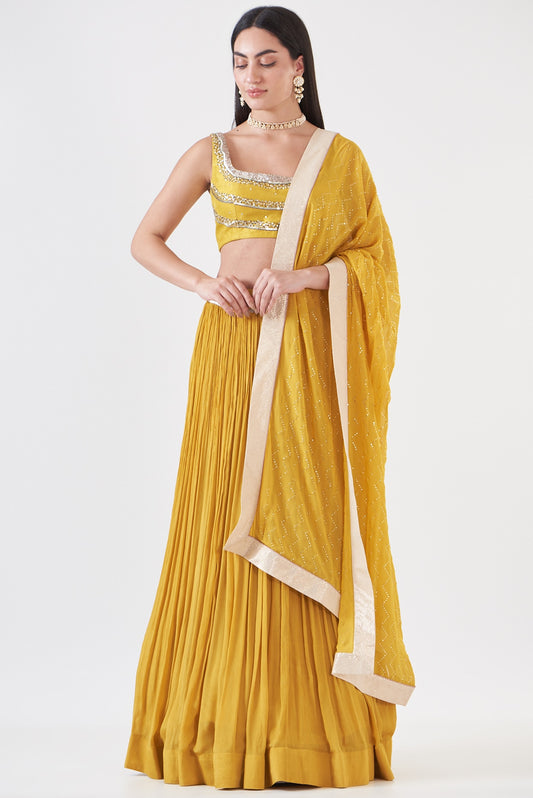 Mustard Chinon Embellished Lehenga Set