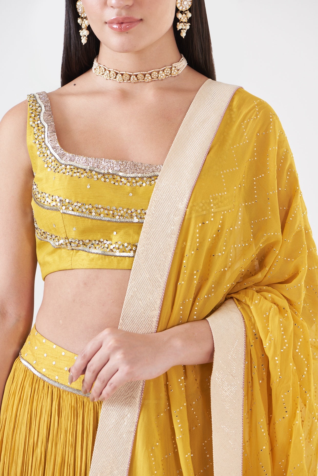 Mustard Chinon Embellished Lehenga Set