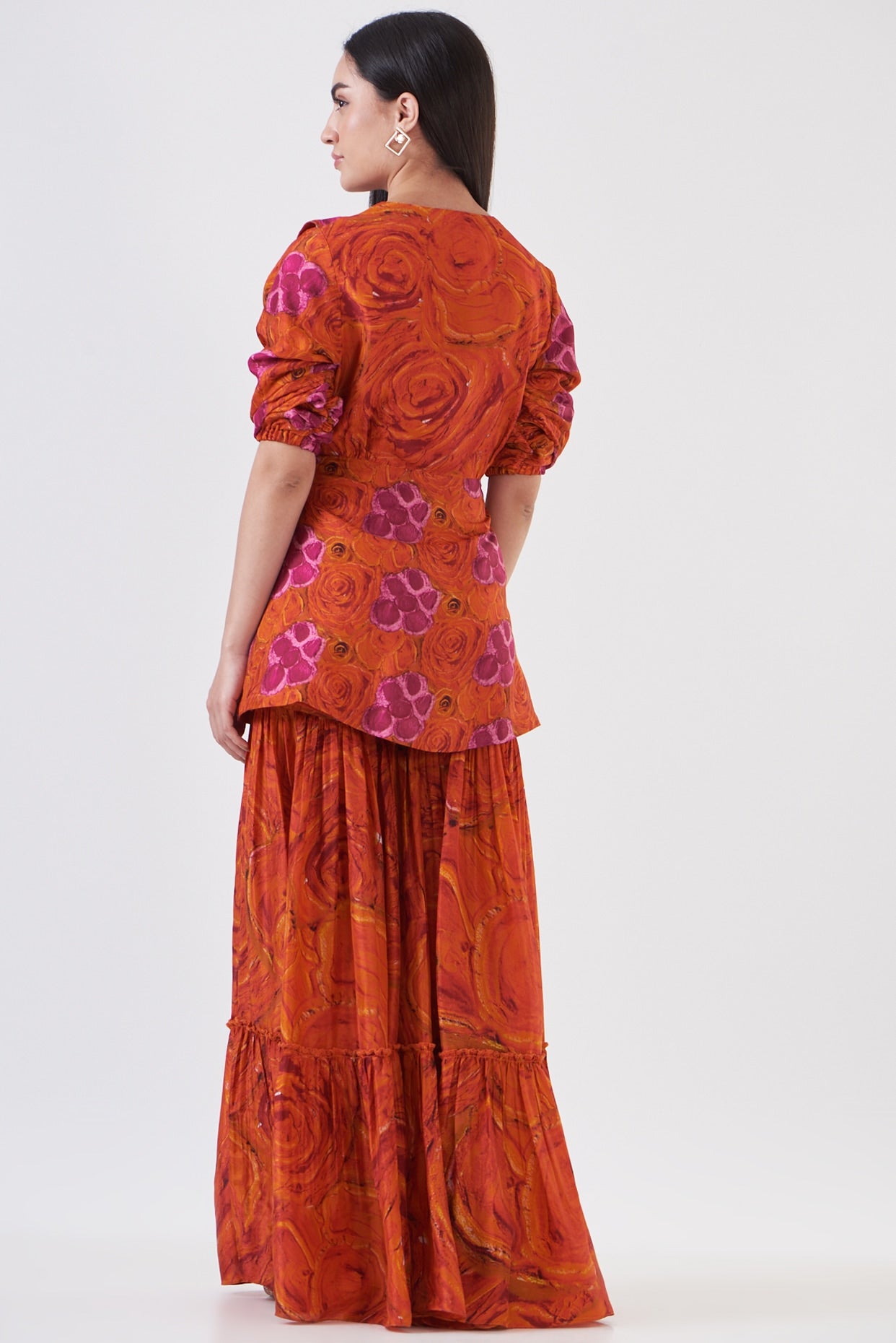 Orange & Pink Upada Silk Hand Painted Sharara Set