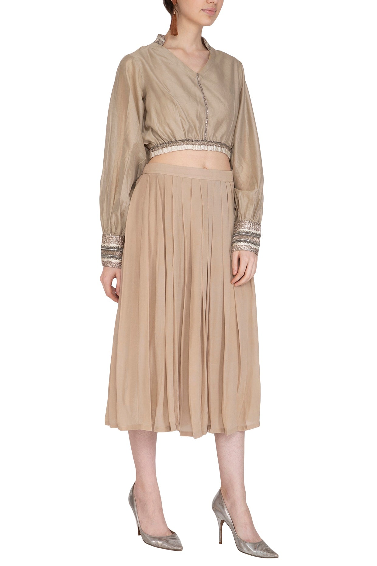 Beige Hand Embroidered Crop Top With Pleated Skirt