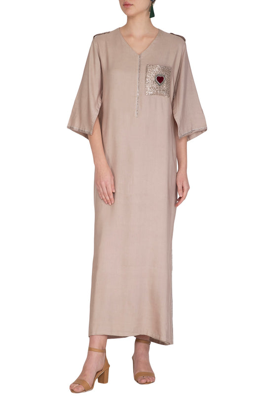 Beige Embroidered Kurta Dress