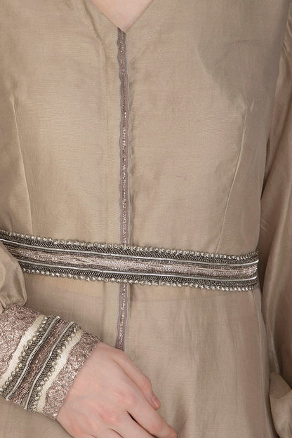 Beige Embroidered Kurta With Crop Top, Pants & Belt