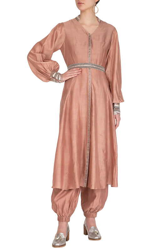 Rusty Peach Embroidered Kurta With Jumper Pants, Crop Top & Belt