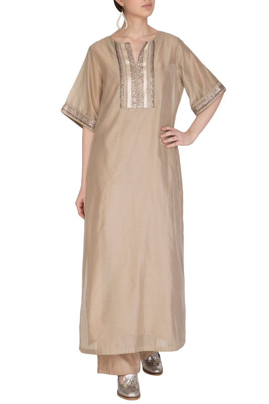 Beige Embroidered Kurta With Palazzo Pants