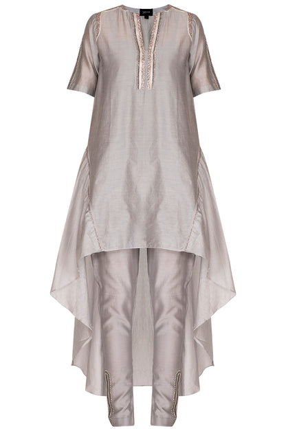Grey Embroidered High Low Kurta With Cigarette Pants