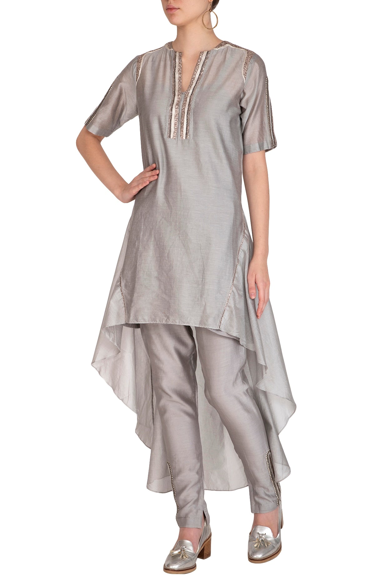 Grey Embroidered High Low Kurta With Cigarette Pants