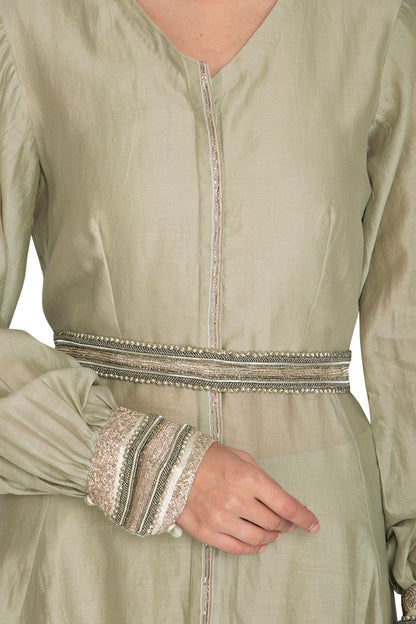 Sage Green Embroidered Jacket With Crop Top, Jumper Pants & Belt