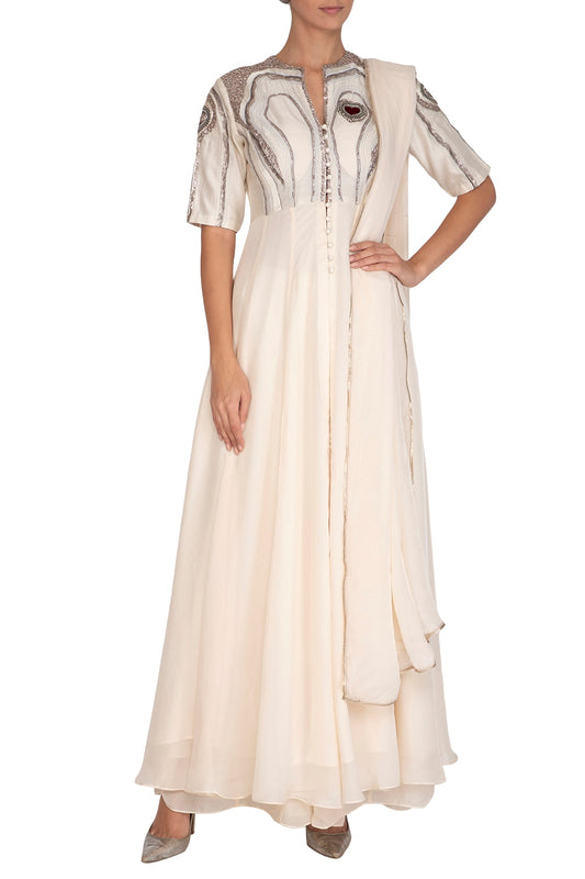 Off White Embroidered Anarkali Set