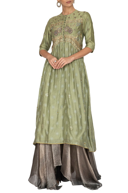 Green Embroidered Kurta With Metallic Grey Lehenga Skirt