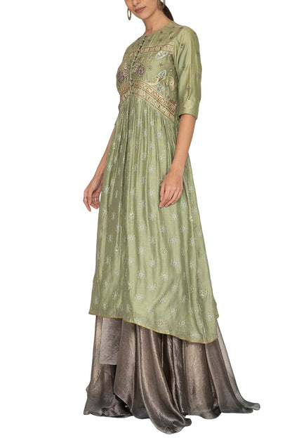 Green Embroidered Kurta With Metallic Grey Lehenga Skirt