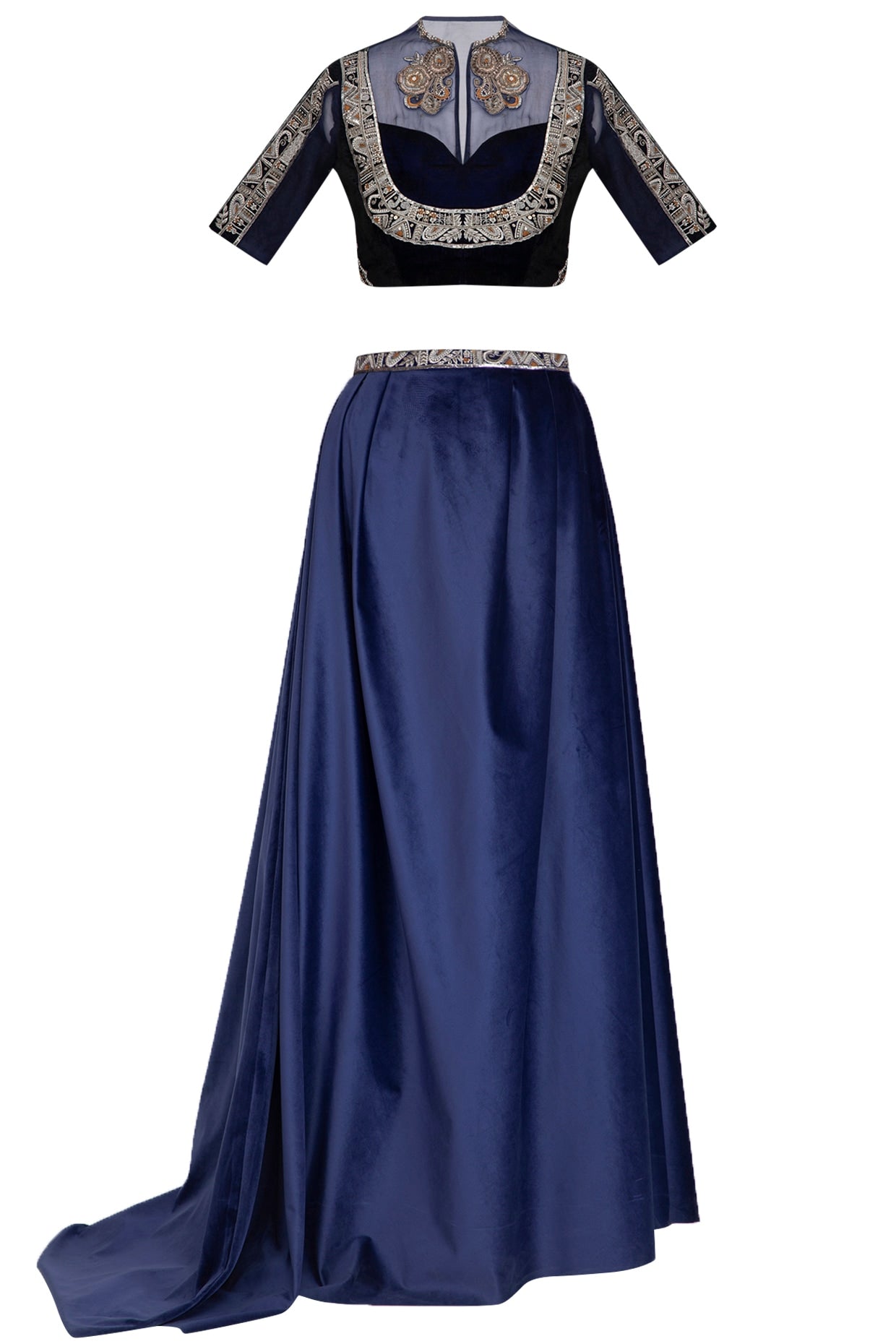 Navy Blue Embroidered Blouse With Draped Skirt & Belt
