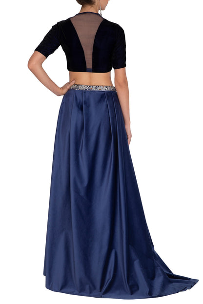 Navy Blue Embroidered Blouse With Draped Skirt & Belt