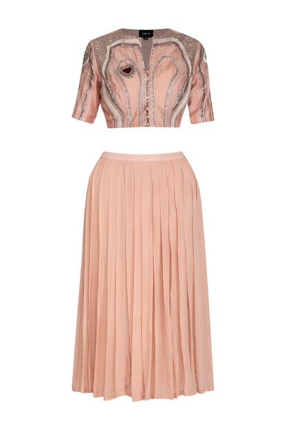 Icy Peach Embroidered Crop Top With Pleated Skirt