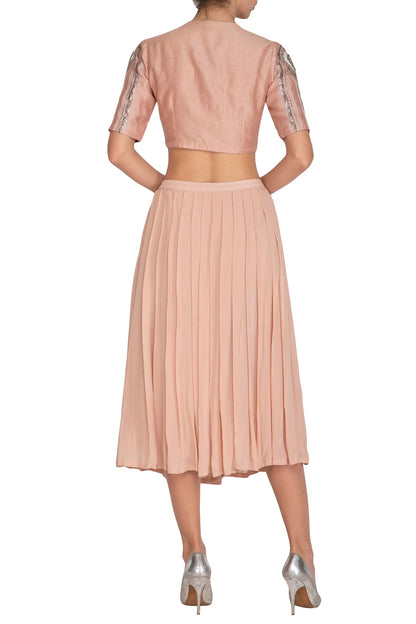 Icy Peach Embroidered Crop Top With Pleated Skirt