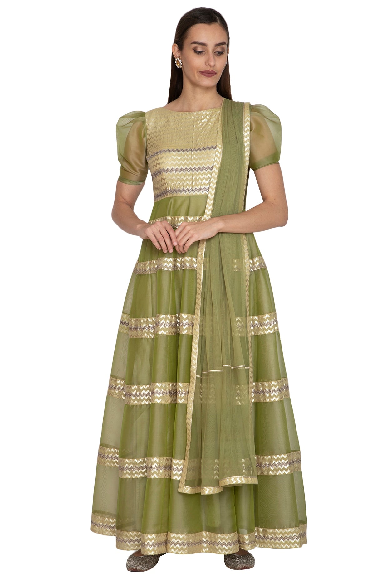 Olive Green Embroidered Anarkali Gown With Dupatta