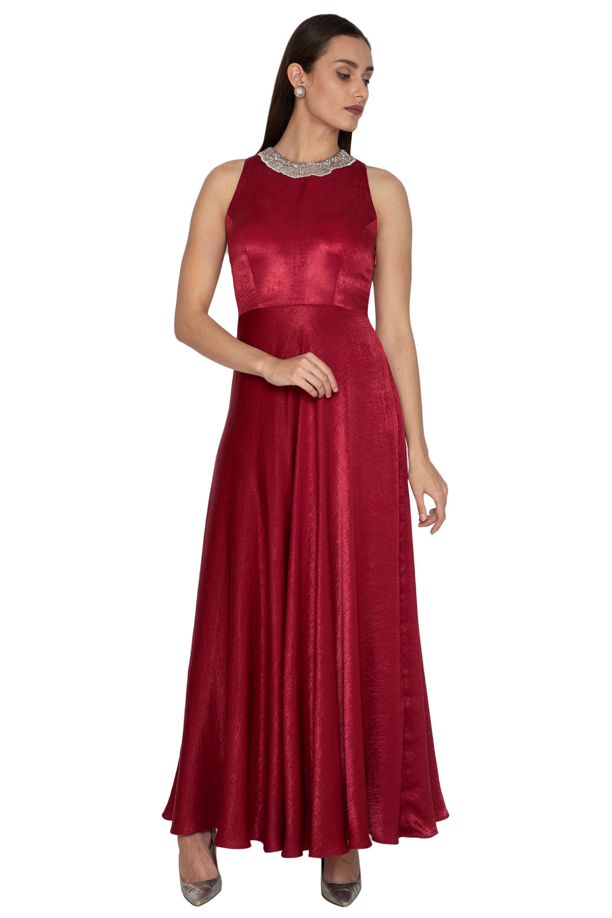 Red Embroidered Flowy Gown