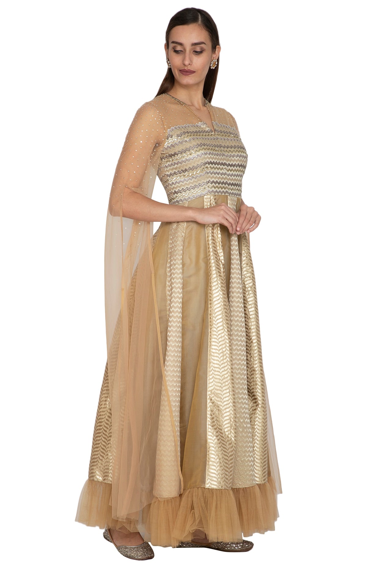 Beige Kalidar Gown With Flowy Net Sleeves
