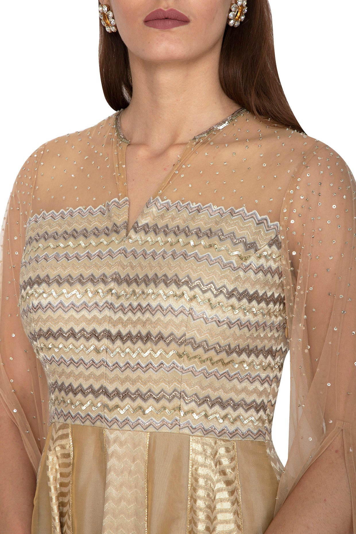 Beige Kalidar Gown With Flowy Net Sleeves