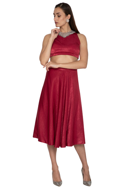 Red Embroidered Crop Top With Skirt