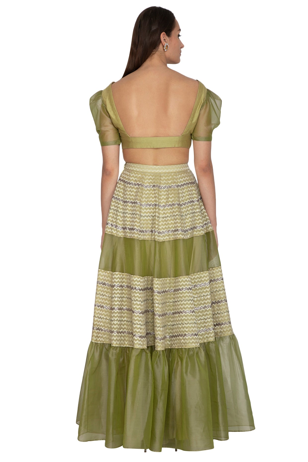 Olive Green Embroidered Blouse With Lehenga Skirt