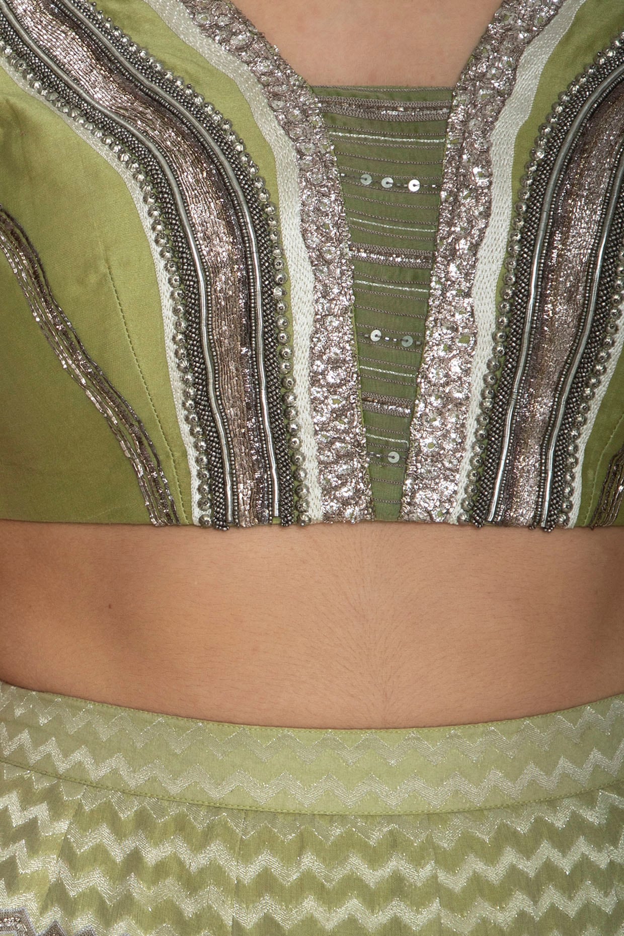 Olive Green Embroidered Blouse With Lehenga Skirt