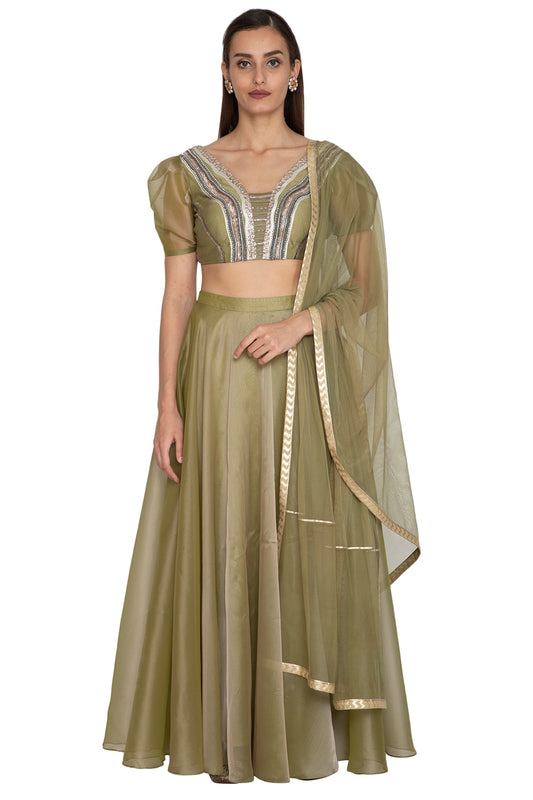 Olive Green Embroidered Lehenga Set