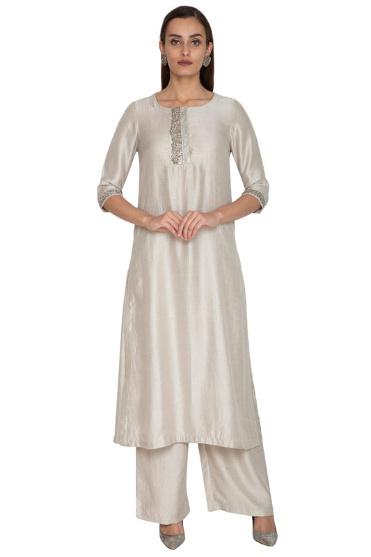 Silver Embroidered Kurta With Pants