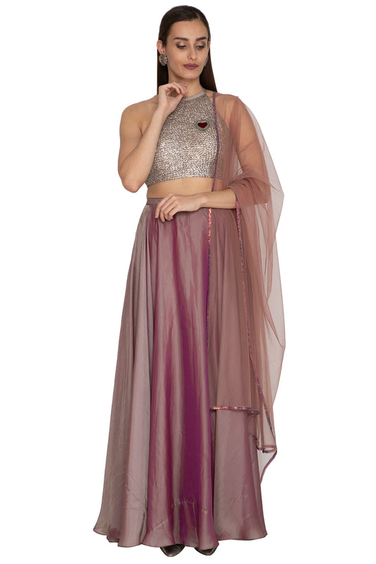 Wine Embroidered Crop Top Lehenga Set