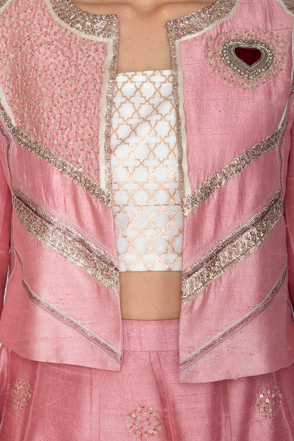 Blush Pink Embroidered Jacket With Top & Short Skirt